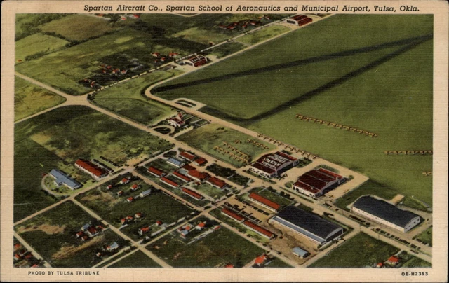 Oklahoma Tulsa Municipal Airport Spartan Aircraft Co aerial view postcard sku679