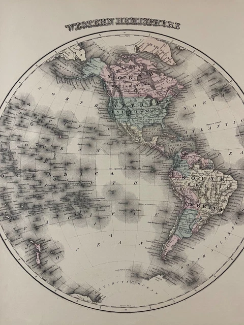 1870s OW Gray Hand Colored Atlas Map Western Hemisphere North & South America