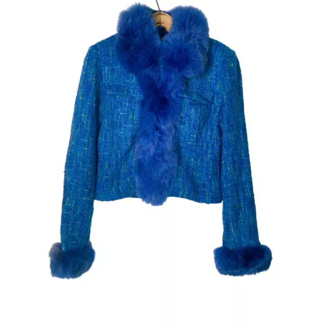 NEW Julio Julio Italian Designer Jacket Fur Cuffs Blue Green Wool Blend SMALL