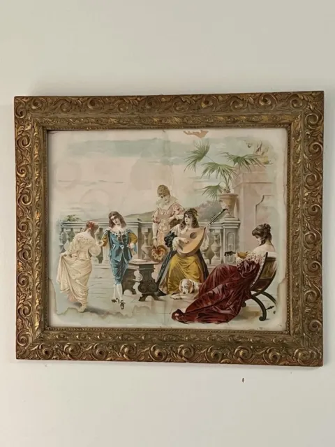 Antique Victorian Scene Print Amazing Gold Gilt Wood Framed Wall art