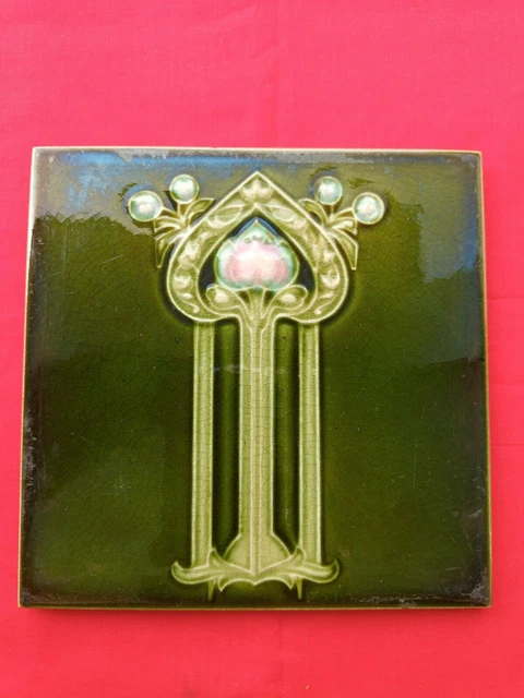 2 Pieces Old Art Floral Design Embossed Majolica Ceramic Tiles England 0014 2