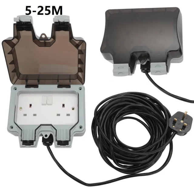 Exterior Double Plug Socket 5m - 25m Outside Extension Lead Waterproof IP66