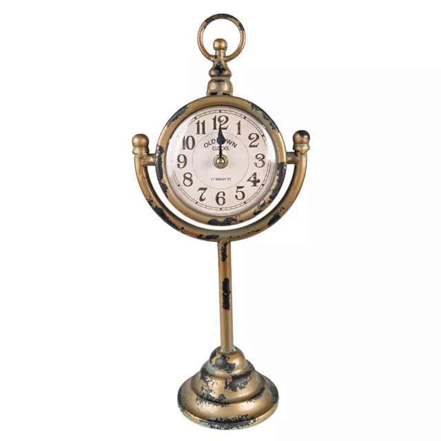 39cm Mantle Table Desk Clock - Distressed Gold Metal w Arabic Dial