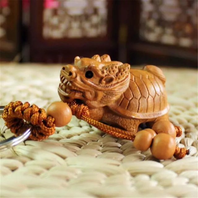 Dragon Turtle Statue Wood 3D Carving Chinese Wealth Sculpture Pendant Key Chain 3