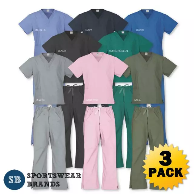 3 x Ladies Top Pants Scrubs Set Nurse Doctors Medical Uniform Vet Dentist Health