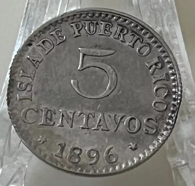 1896 Puerto Rico 5 Cent Silver Coin