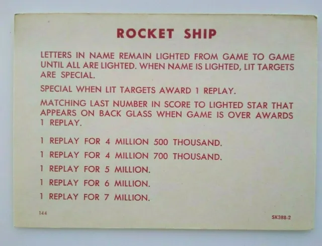 Rocket Ship 1958 Pinball Machine Score Card Instructions NOS Original SK388-2