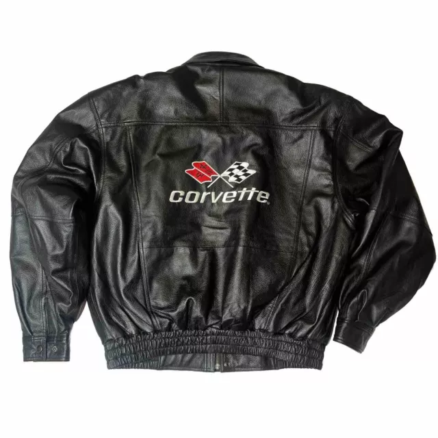 Corvette Leather Bomber Jacket Large Black Embroidered Double Sided Spellout NWT