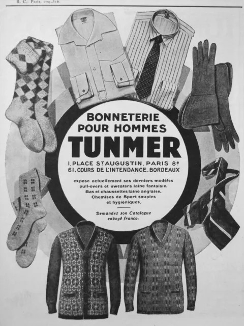 Publicité De Presse 1925 Bonneterie Chemises Chaussettes Gant Pour Hommes Tunmer