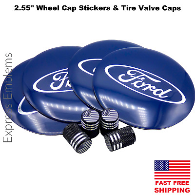 2.55" / 65mm FORD Wheel Center Hub Cap Sticker Decal AND Tire Valve Caps BLUE