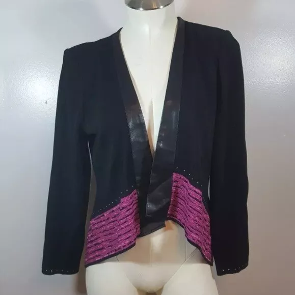 Ming Wang Knit Blazer Jacket Black Purple Faux Leather Trim PS Petite S