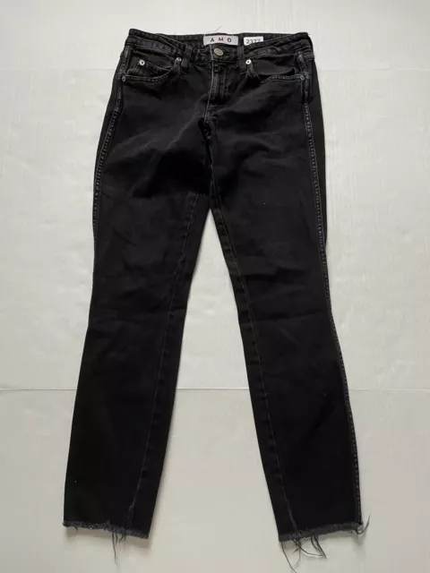 AMO Jeans Women's 27 Black Magix Stix Crop Denim Faded Raw Hem