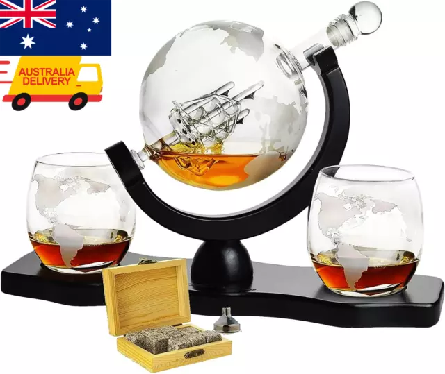 Whiskey & Wine Decanter Globe World Set with Globe Glasses Anniversary Birthday