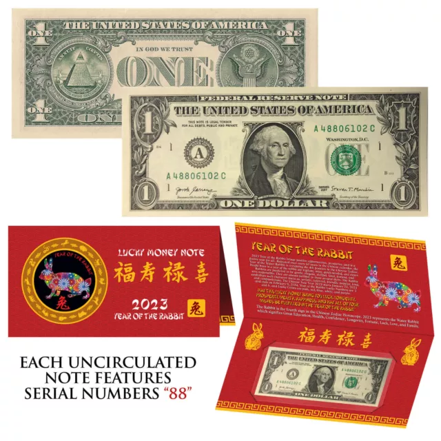 2023 CNY Chinese YEAR of the RABBIT Lucky Money $1 Bill w/ Red Folder - S/N 88