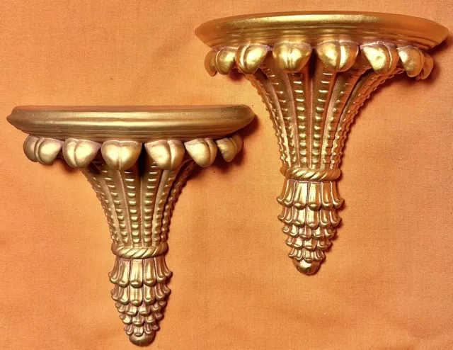 VTG Pair Gold Gilt Finish Wall Sconce Shelf Hollywood Regency Style 8"