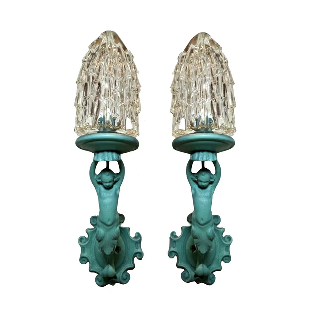 Pair of 1920s French Art Deco turquoise Cast Iron Caryatid Sconces