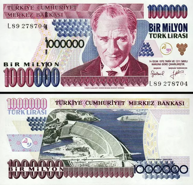 Turkey 1000000 1,000,000 1 Million Lira 1970 (1995) Unc P.209 , L Serial