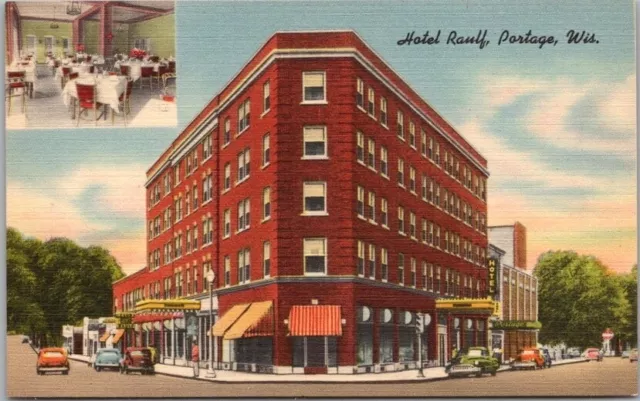 Vintage 1940s Portage, Wisconsin Postcard HOTEL RAULF Street View Linen / Unused