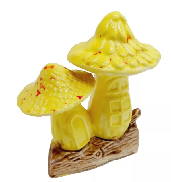 Toadstool Ceramic Glaze Art Pottery Yellow Red Specks Mushroom On Log Vintage 4"