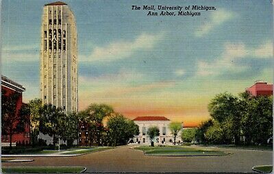 Vtg Ann Arbor MI The Mall University of Michigan 1940s Linen Postcard