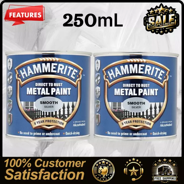 2x Hammerite Hammered Direct To Rust Metal Paint Silver, 250ML