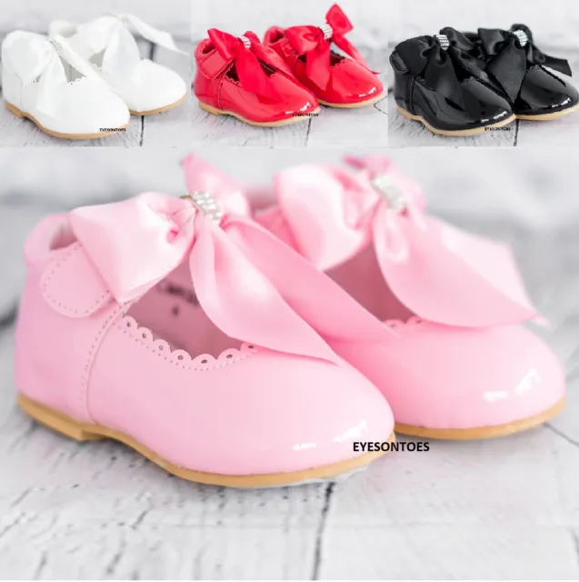 Girls Satin Bow Spanish Kids Baby Infants Wedding Party Patent Toodler Shoes Sz