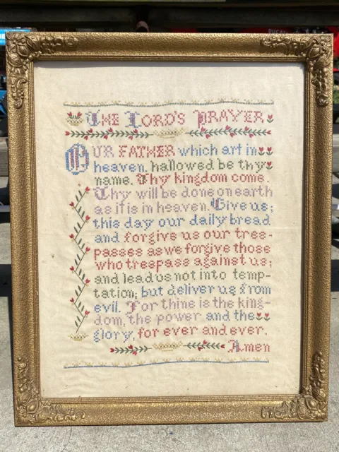 The Lords Prayer Finished Cross Stitch Linen Religious Art Vintage Gilded Frame