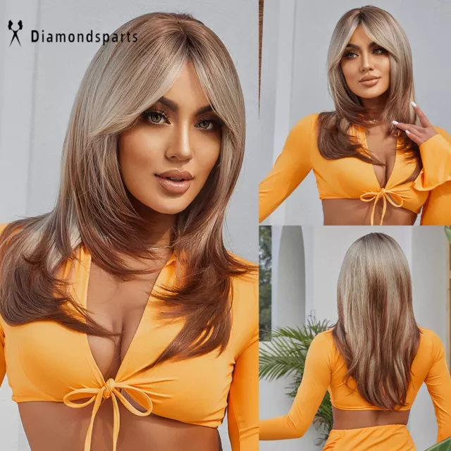 Long Straight Blonde Layered Synthetic Wig Brown Ombre Wigs With Bangs Fanshion