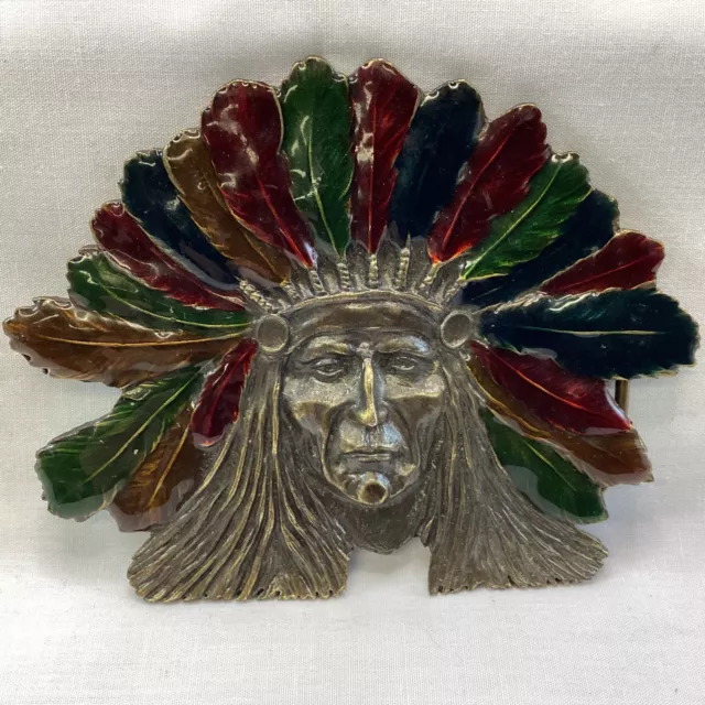 Vintage Bergamot Brass Works Enamelled Indian Chief Belt Buckle 11cm (2C)MO#8693