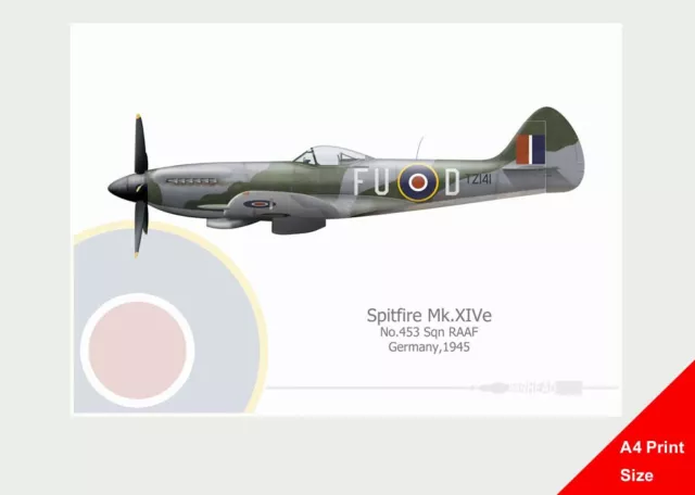 Warhead Illustrated Spitfire Mk.XIV 453 Sqn FU-D A4 Aircraft Print