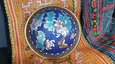 Old Chinese Blue Cloisonné Brass Bowl …beautiful colour and patina