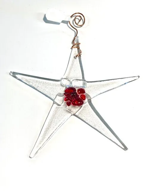 Fused Glass Star Sun Catcher/ornament-Handmade-Clear w/Red Center Cluster