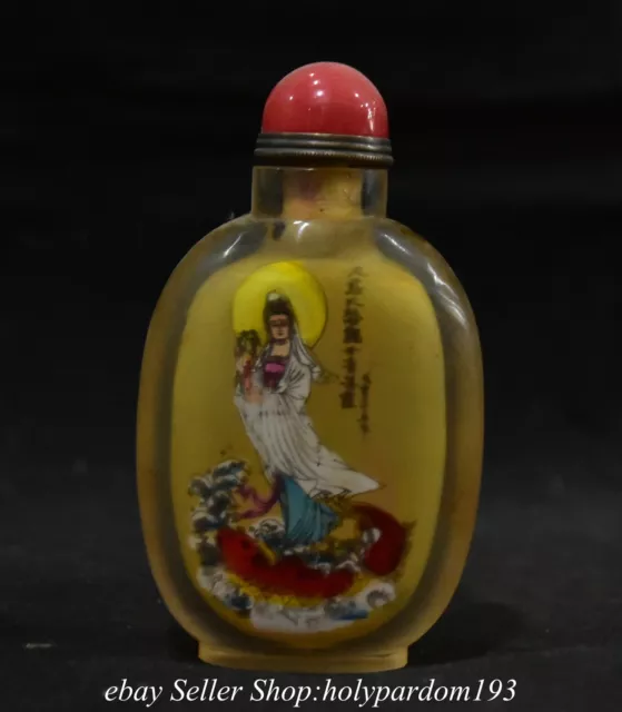 5.2" Old Chinese Glass Inside painting Guan Yin Tongzi Snuff box Snuff bottle