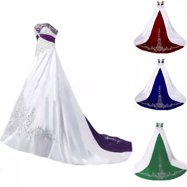 Satin Gothic Embroidery Wedding Dresses Beaded Strapless Bridal Gowns Plus Size