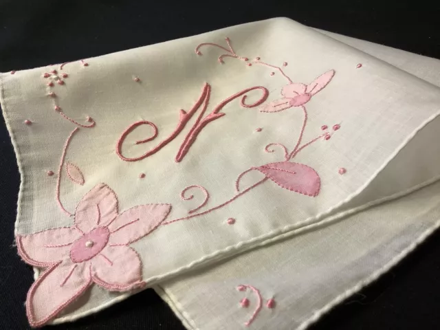 #7126🌟Vintage 40s Madeira PINK Monogram “N” Wedding Handkerchief Heirloom Keeps