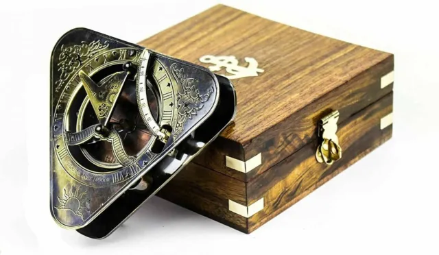 Reloj de sol antiguo de latón triangular azul marino reloj de sol brújula caja de madera náutico