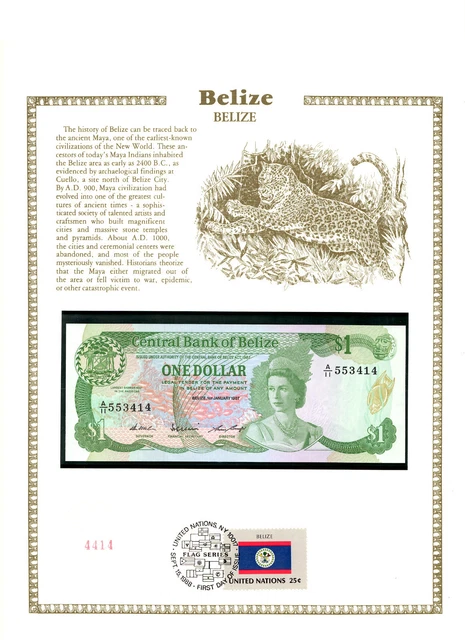 Belize Banknote 1 Dollar 1987 P 46c UNC w/FDI UN FDI FLAG STAMP A/11 553414