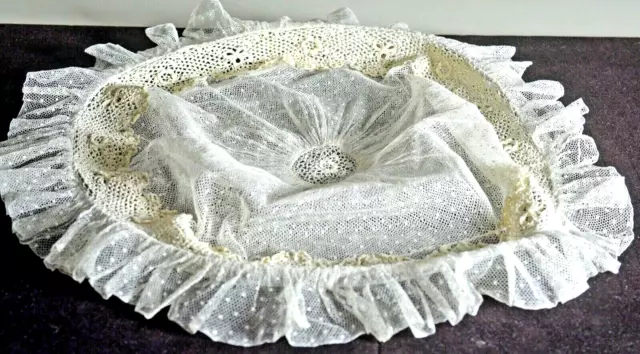 Antique Estate Round Lace Pillow Cover Sham with Irish Crochet VV356