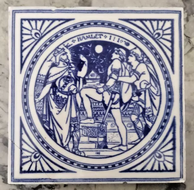 Vintage Blue MINTONS SHAKESPEARE Tile - HAMLET ~ Moyr Smith ~ Nice Repair