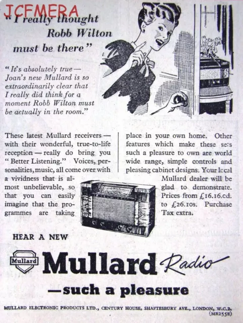 Vintage 'MULLARD' Wireless Radio Advert : Original Small 1948 Print AD
