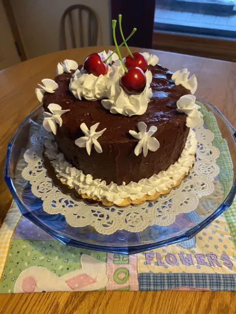 Fake Handmade Chocolate Cake/White Trim w/cherries 7”Tx6”W