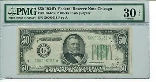 FR 2106-G* STAR 1934D $50 Federal Reserve Note PMG 30 EPQ VERY FINE