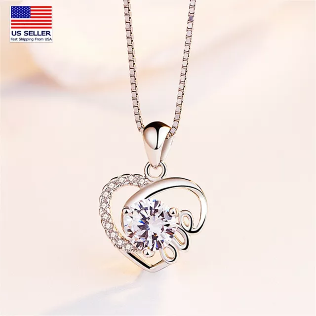 Fashion Women 925 Sterling Silver Chain Necklace Crystal Heart Love Pendant 1627