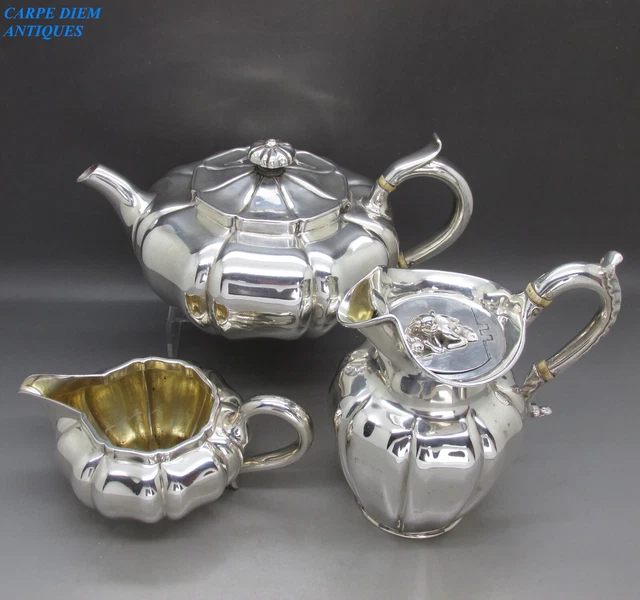 SET DA TÈ ANTICO STILE CINESE ARGENTO MASSICCIO 3PS A FORMA DI MELONE 1137g LONDRA 1840