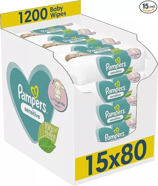 Pampers Sensitive Baby Wipes 15 Packs of 80 = 1200 Baby Wet Wipes, Unscented, Fo