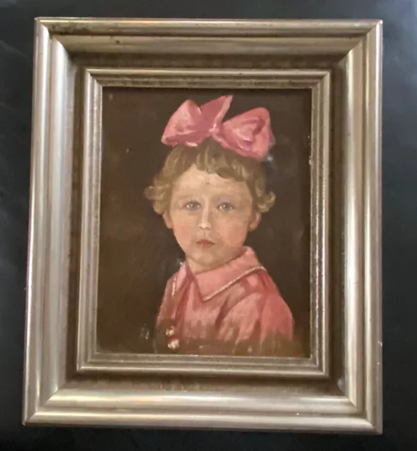 Antiguo Pintura Al Óleo - Retrato - Chica en Rosa Vestido