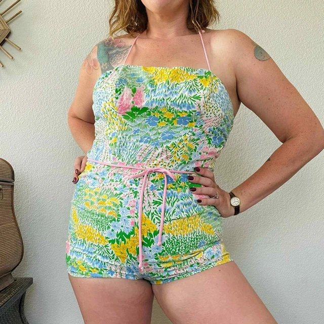 Vintage 70s One piece swimsuit playsuit JCPenney groovy floral flower power sz L