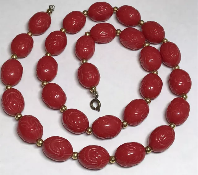 Vintage Faux Cinnabar Look Colored Red Carved Bead Asian Inspired Gold Tone