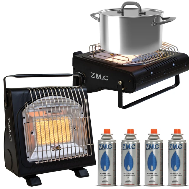 2in1 Tragbare Gasheizung Camping Butan Gas Kocher Keramik +4 Gaskartuschen 1,7KW
