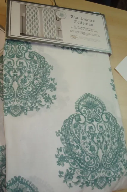 NWT 2 Luxury Collection Window Panels Pleated Buttons Teal Paisley ea 37"x 84"